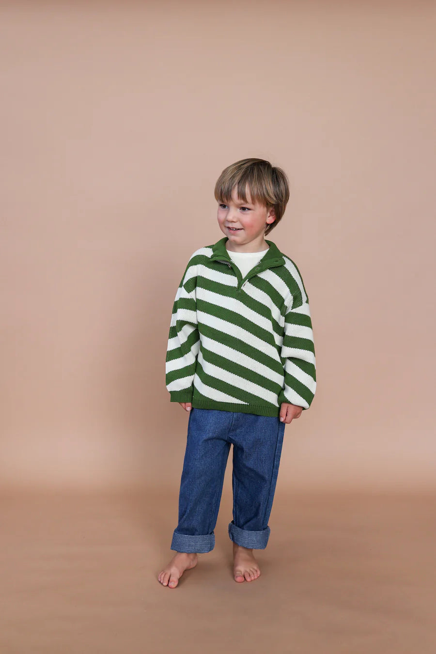 Button Up Diagonal Stripe Pull Over - Verde