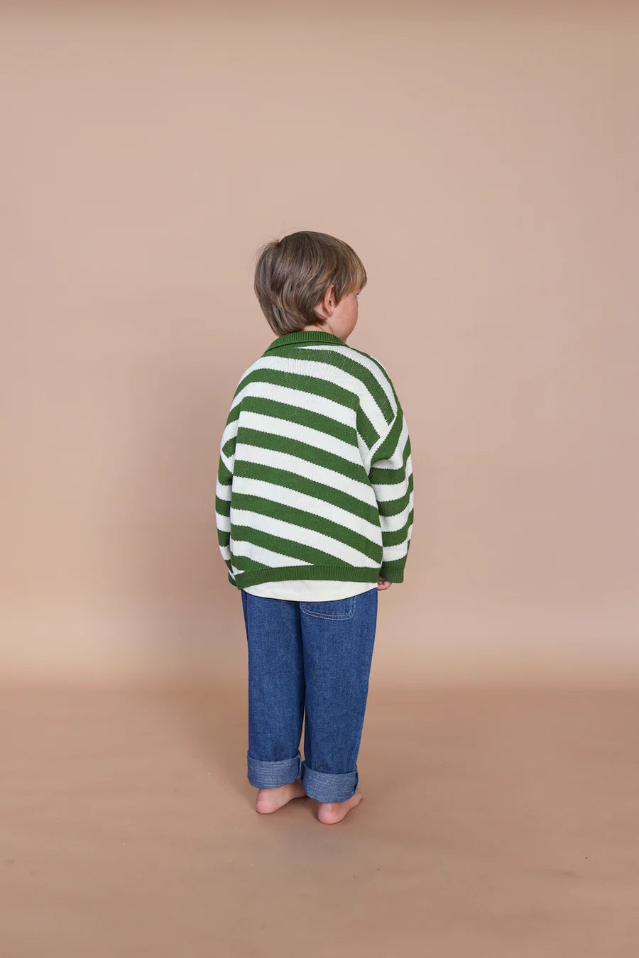 Button Up Diagonal Stripe Pull Over - Verde