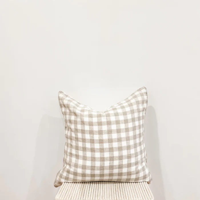 French Linen Feather Filled Cushion - Natural Gingham