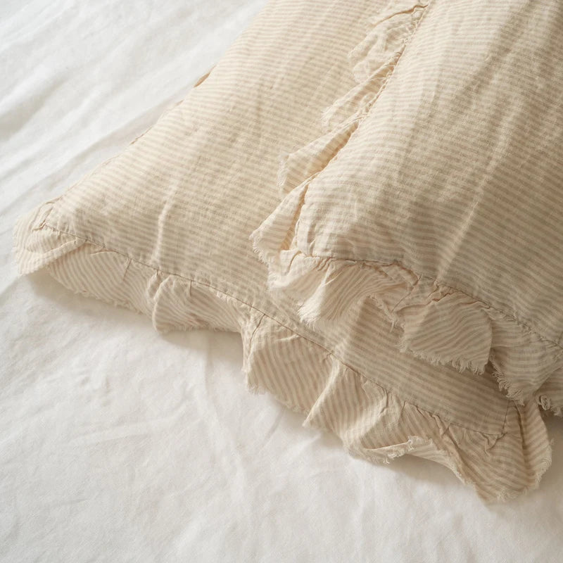 Linen Ruffle Edge Sheet Set- Sand Stripe