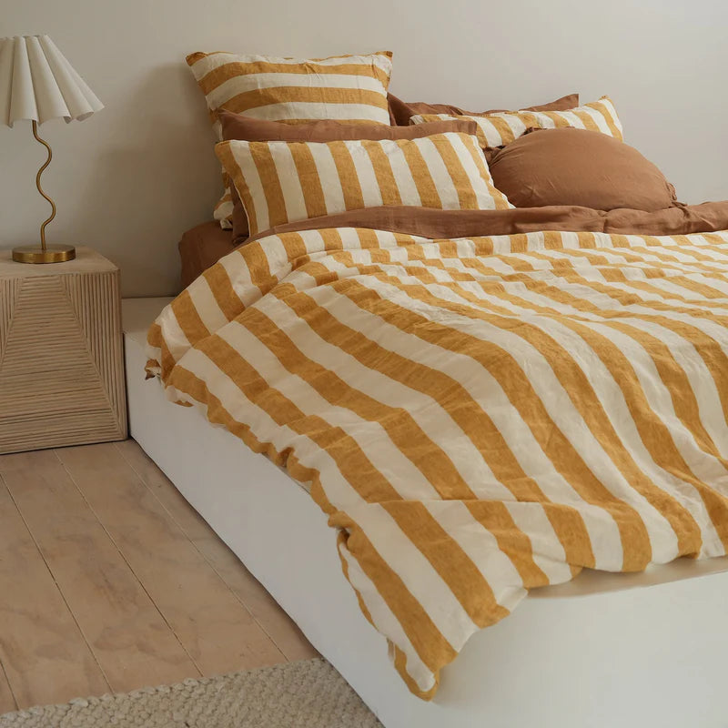 100% French Flax Linen Duvet Set - Sunflower Stripe