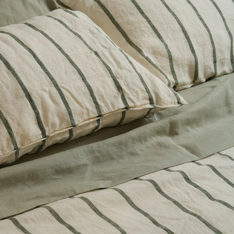 100% French Flax Linen Duvet Set - Lichen Stripe