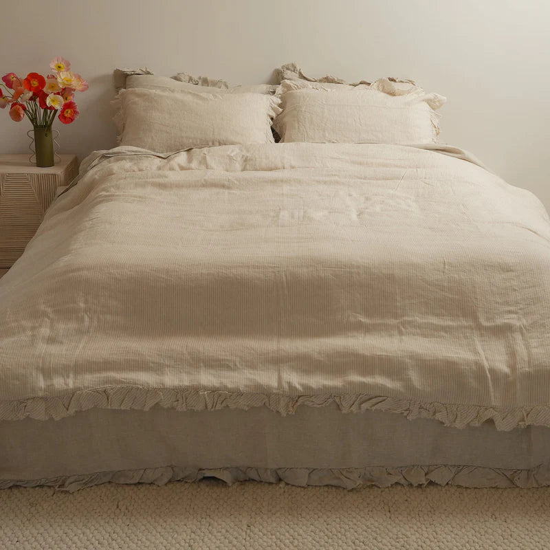 Linen Ruffle Edge Sheet Set- Sand Stripe